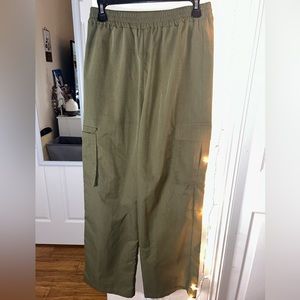 LARGE SOILD HIGH WAIST FLAP POCKET CARGO PANTS ARMY GREEN